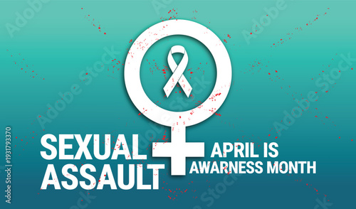 Sexual Assault Awareness Month Poster with Teal Awareness Ribbon and Female Gender Symbol on Textured Background for April Campaigns