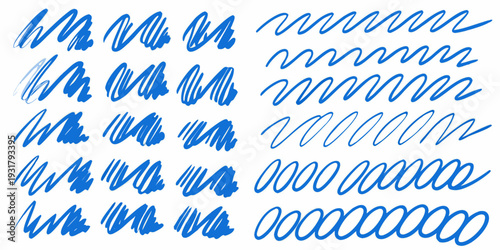 Collection of blue brush stroke patterns arranged in a grid format