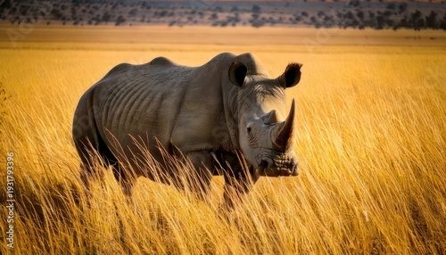 Majestic rhinoceros standing tall in the golden African savanna.