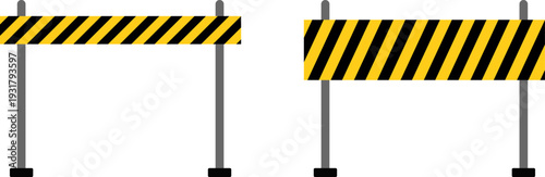 Caution signs with yellow and black stripes on metal stands