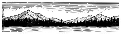 Classic mountain landscape with pine forest and lake in vintage engraving style