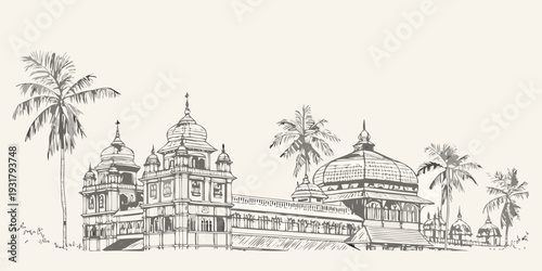 Detailed sketch of an ornate temple complex framed by palm trees