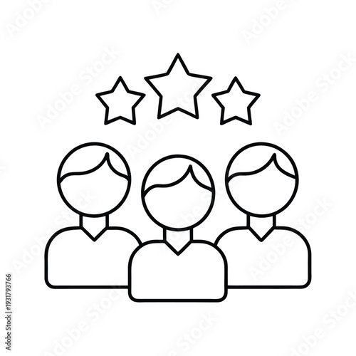 Three people icons and three stars, team success, customer satisfaction, top rating, recognition, best quality