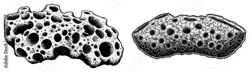 Hand drawn ink illustration of porous volcanic rocks or sea sponges