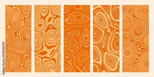 Abstract orange patterns resembling wood grain in vertical panels