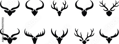 Collection of ten diverse black silhouette deer and antelope head icons with intricate antlers isolated on transparent background