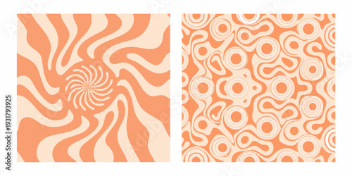 Abstract swirling patterns in orange and cream presented as two panels