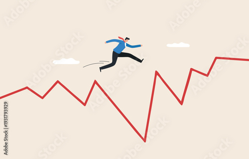 A man runs up a jagged red line on a beige background