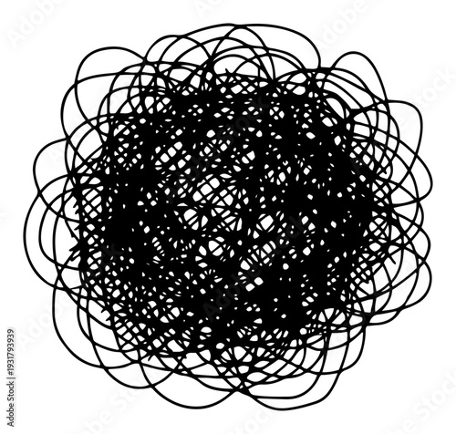 Messy circular tangle of chaotic hand drawn lines and scribbles on white background