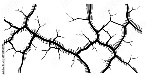 Hand drawn illustration of stylized cracks or lightning patterns in ink style