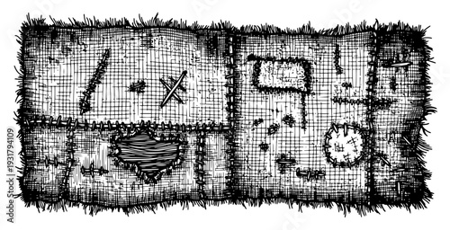 Vintage engraving of a patched burlap fabric texture with frayed edges