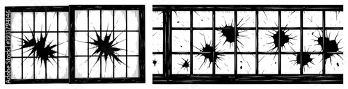 Set of broken window panes with shattered glass in a vintage woodcut style