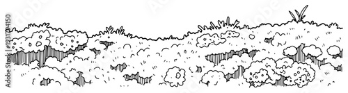 Horizontal border of a hand drawn grassy landscape with bushes and garden foliage