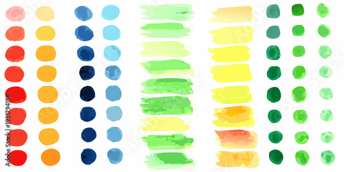 Watercolor paint swatches in rows of red yellow blue and green