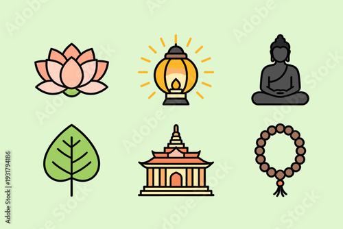 Minimal Vesak icons with temple and lantern suitable for religious and cultural layouts.