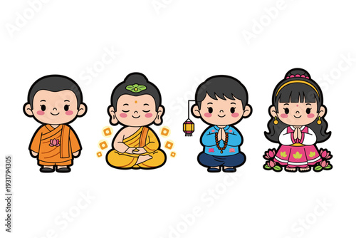 Adorable little monk and children characters for Vesak festival and Buddhist educational materials.