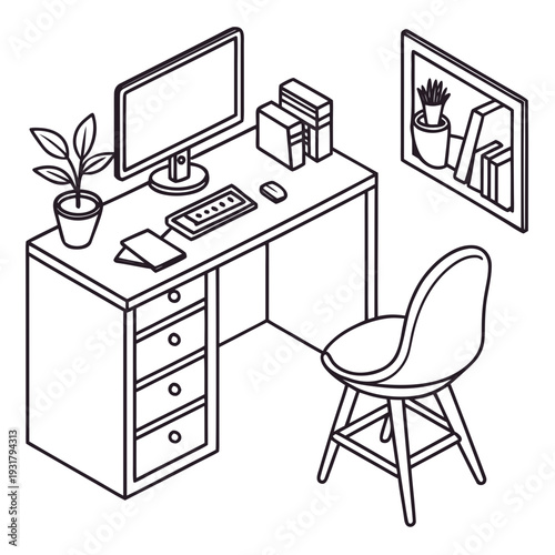 A desk with a computer and chair in a home office