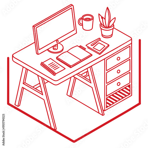 A red line drawing of a desk with office supplies