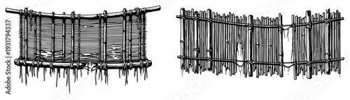 Hand drawn set of primitive bamboo fences and wooden raft structures in vintage engraving style