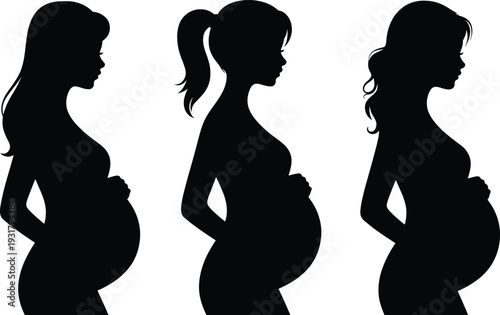 Three pregnant women silhouettes showcasing different hairstyles and body positions holding their bellies side profile isolated on white