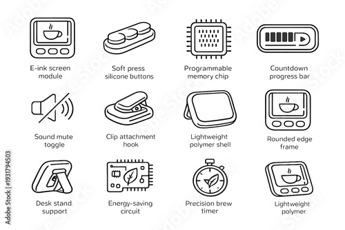 Tea icon e hook circuit progress frame precision timer polymer lightweight vector