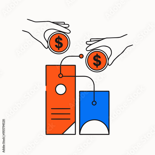 A hand is putting money into a red folder from one side and a blue folder from the other