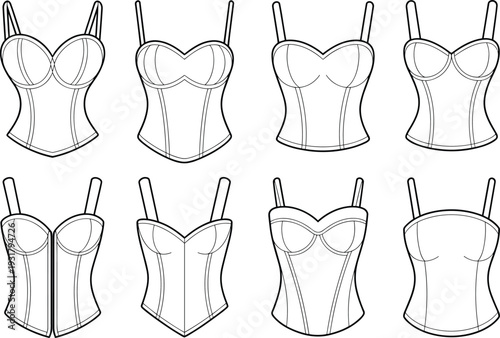 Set of technical fashion sketches featuring various corset top designs and bustier styles for womenswear apparel manufacturing isolated vector illustration templates for design mockups.