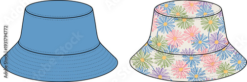 Bucket hat technical fashion sketch featuring solid blue and floral daisy print patterns isolated headwear design template for apparel manufacturing and summer accessory mockups.