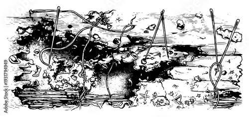 Abstract horizontal composition of distressed wood texture with tangled ropes and organic debris