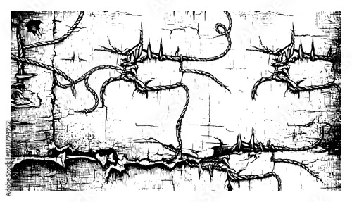 Grungy distressed background with cracks spikes and tied ropes in vintage hand drawn style