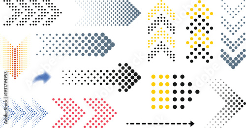 Create Halftone arrow icons, black direction symbol, dotted pointer, curved and straight arrow with fade effect. Navigation or progress sign, dot gradient border, stripe with arrowhead on white