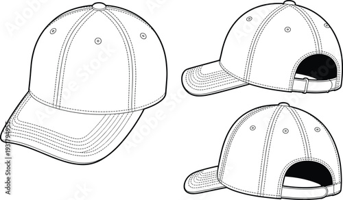 Baseball cap technical fashion sketch bundle featuring snapback and velcro strap closure variations in front side and back views headwear design template for manufacturing.