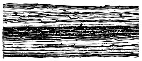 Deep geological rock strata and sediment layers in a grungy vintage woodcut style