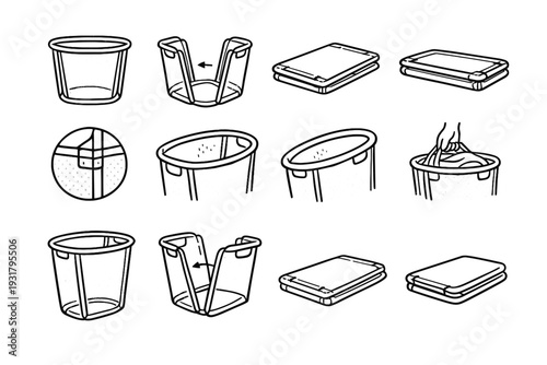 Lightweight minimalist icon basket compact tool breathable construction foldable structural simple vector