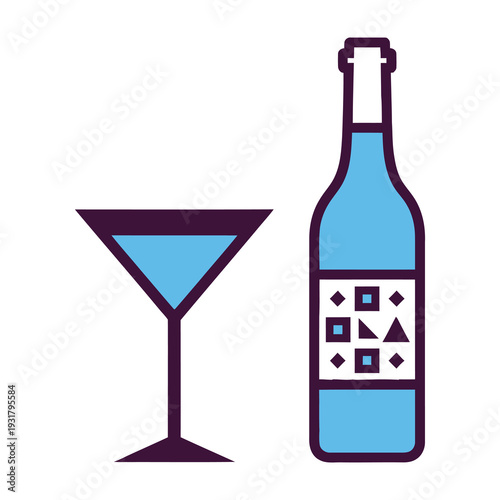 Elegant flat design illustration of a sophisticated martini glass filled with a rich blue cocktail paired with a stylish wine bottle featuring geometric label patterns for luxury beverage branding