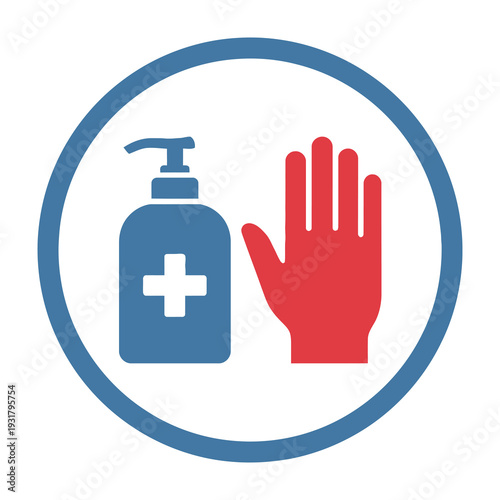 Flat design illustration showcasing a transparent blue bottle with a white cross symbol dispensing liquid paired with a red human hand emphasizing hygiene and protection in a clean circular frame