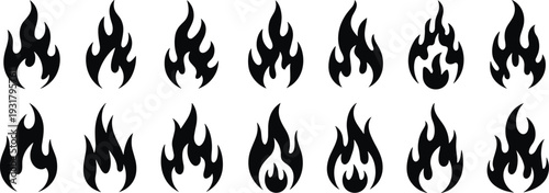Black fire flame silhouette icon set collection isolated on white background for hazard warning, heat symbol and logo design
