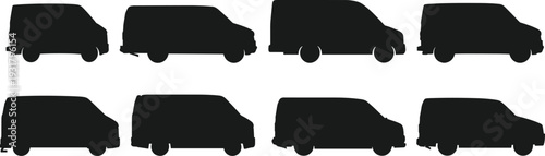 Collection of Delivery Van Silhouettes in Different Side Views Isolated on White Background for Transport and Logistics Design