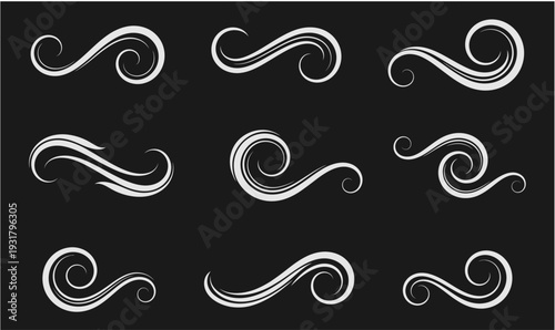 White Swirling Shapes on Black Background.