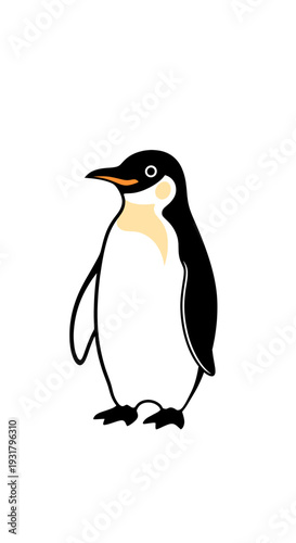 A charming cartoon illustration of a single Emperor penguin standing upright against a plain white background, showcasing its distinctive black and white plumage and yellow ear patches.