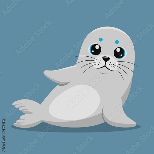 Cute cartoon baby seal with big blue eyes and whiskers on a solid blue background, looking adorable and friendly.