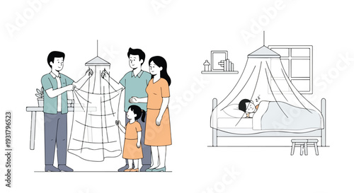 A family of four installing a mosquito net over a bed on a sunny day to prevent malaria in their home.