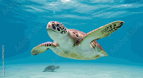 A majestic sea turtle swims gracefully in clear blue ocean water with a sandy seabed visible below.