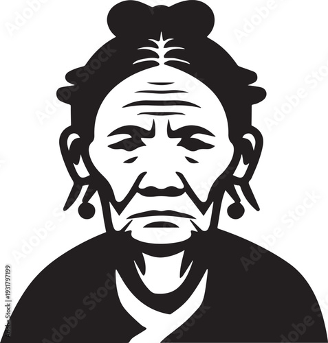Old Woman Black and White Avatar Illustration in Minimal Line Art Style Design
