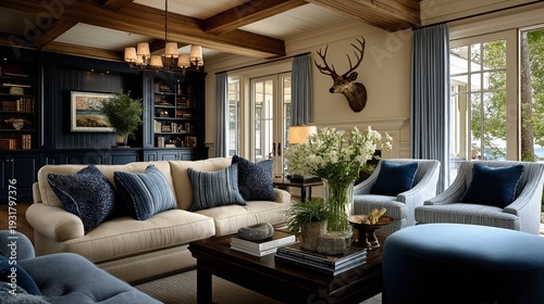 Sophisticated living room with beige sofa and blue accents. Classic interior design with bookshelves and deer mount