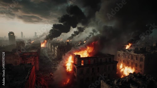The destruction of the biblical city of Sodom and Gomorrah. An ancient city in ruins burning with fire and explosions. Apocalyptic scene of divine judgment