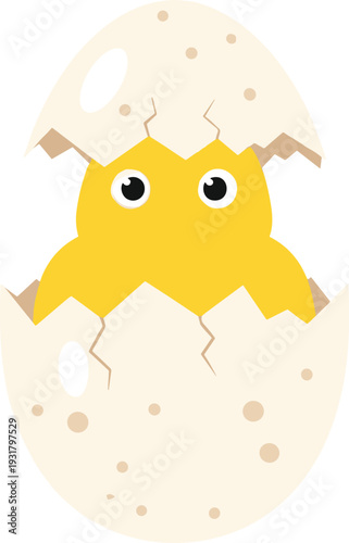 Cute cartoon chick emerging from cracked eggshell with big eyes