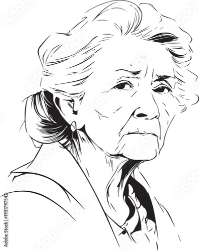 Old Woman Black and White Avatar Illustration in Minimal Line Art Style Design