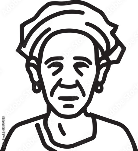Old Woman Black and White Avatar Illustration in Minimal Line Art Style Design