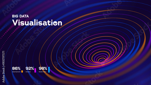 Big Data Visualisation Neon Spiral Rings On Dark Background, Perfect For Analytics Dashboards, Marketing Reports And Futuristic Tech Designs. Data Tunnel Background. Vector Illustration.